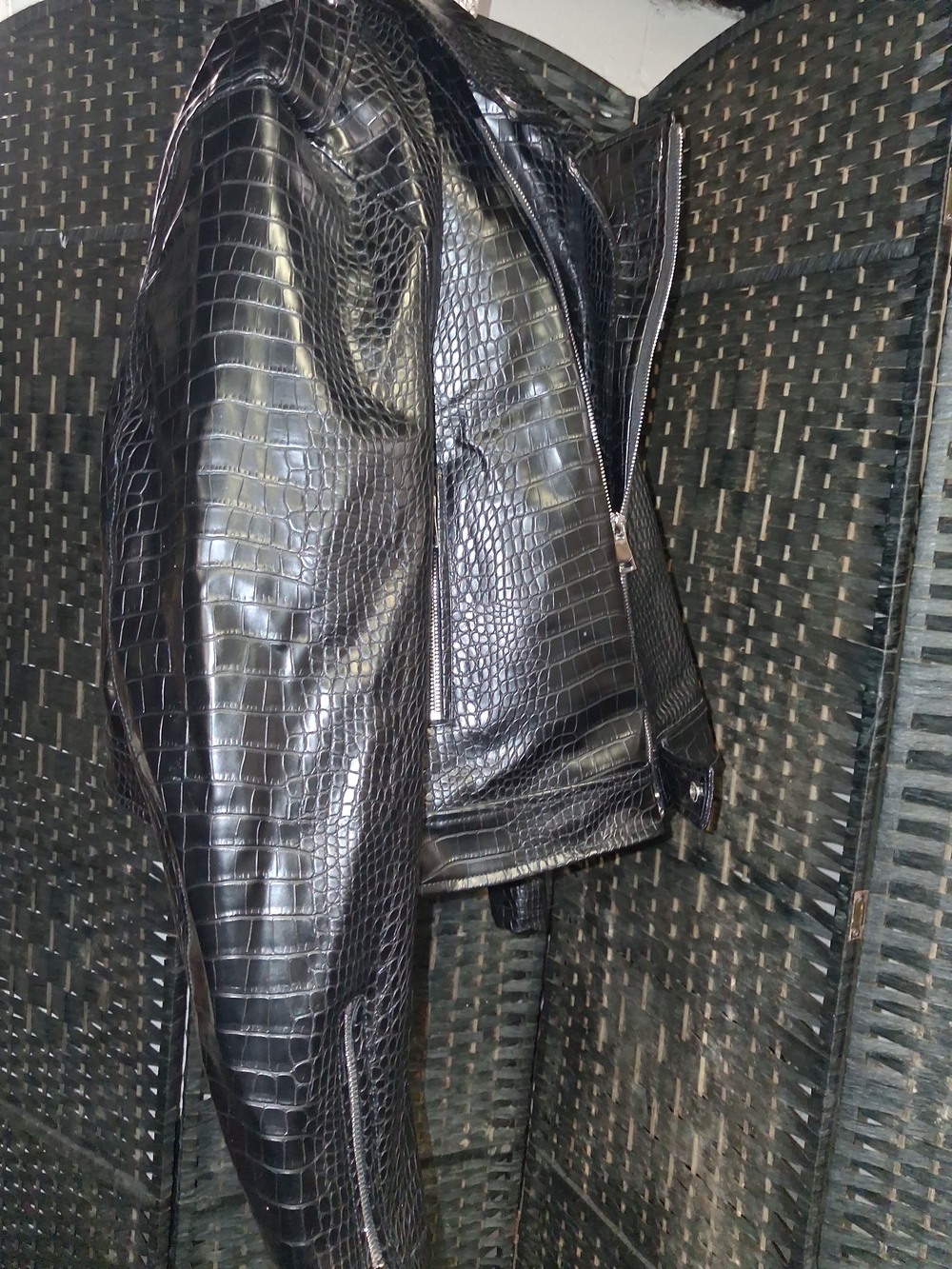 Croc-Embossed Black Faux Leather Jacket for Women